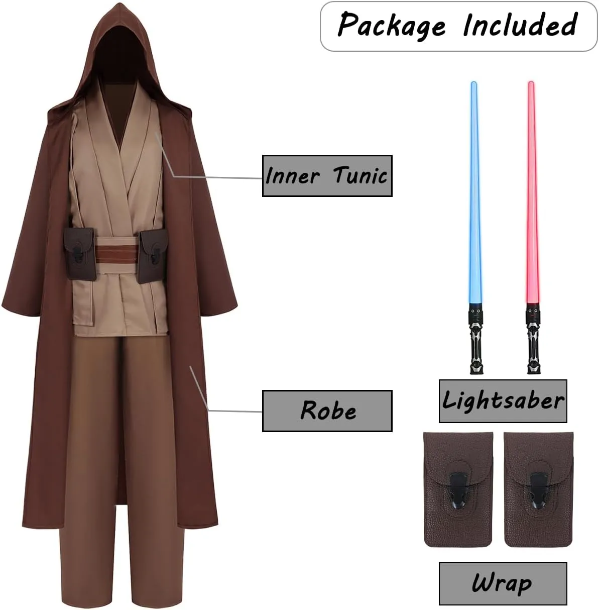 Adult Jedi Costume Men Halloween Costumes Tunic Hooded Robe Knight Cosplay Full Set Cloak with Lightsaber Waist Bag