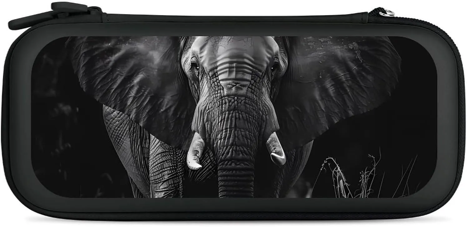 African Elephant Black and White Hard Shell Travel Case with Rope 15 Game Card Pockets Compatible with Switch Protective