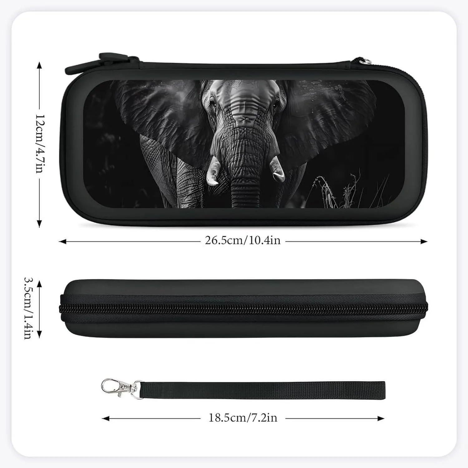 African Elephant Black and White Hard Shell Travel Case with Rope 15 Game Card Pockets Compatible with Switch Protective