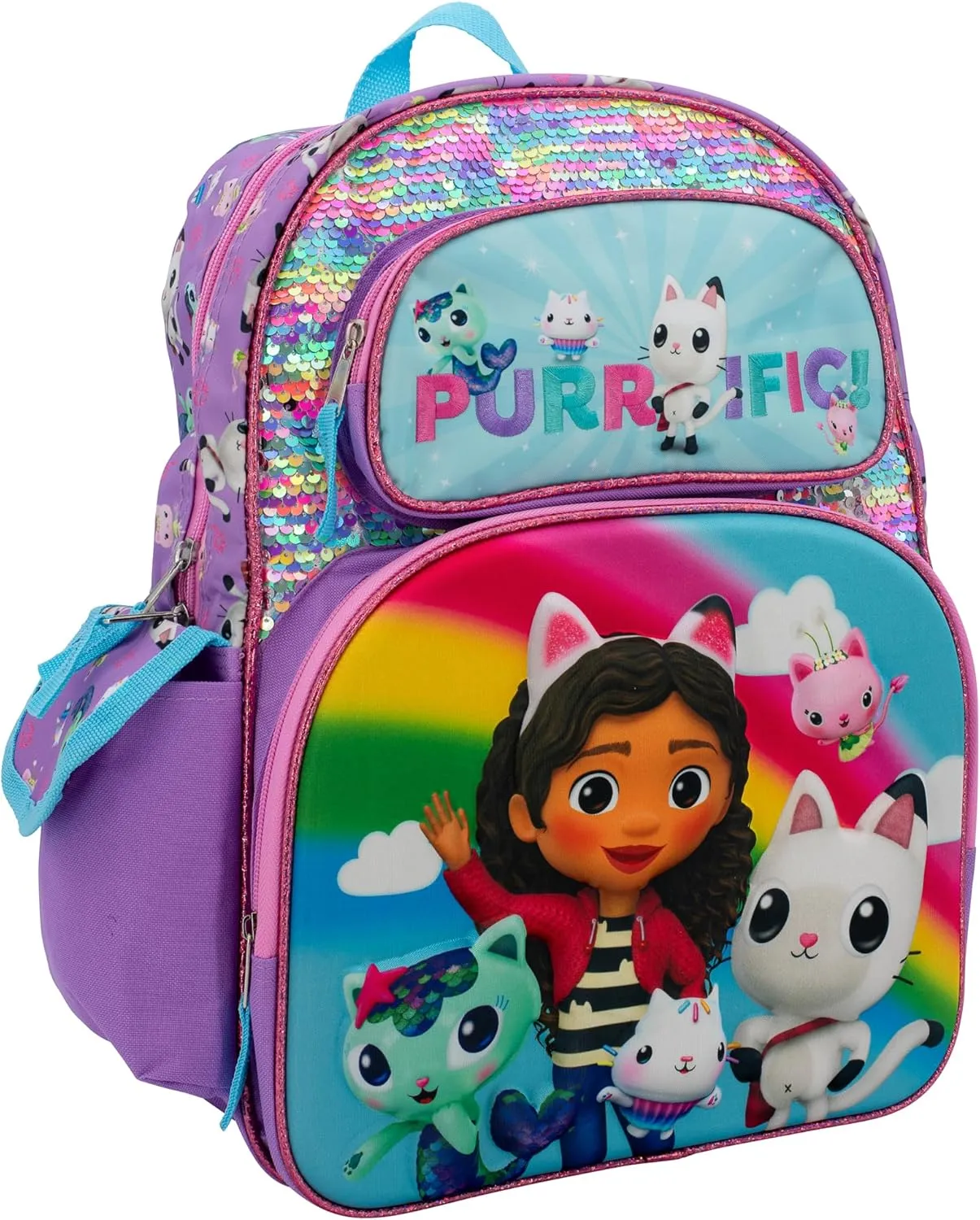 AI ACCESSORY INNOVATIONS Gabby’s Dollhouse Backpack for Girls, 16 Inch School Bag with Flip Sequins & 3D Molded Front Pocket, Purple
