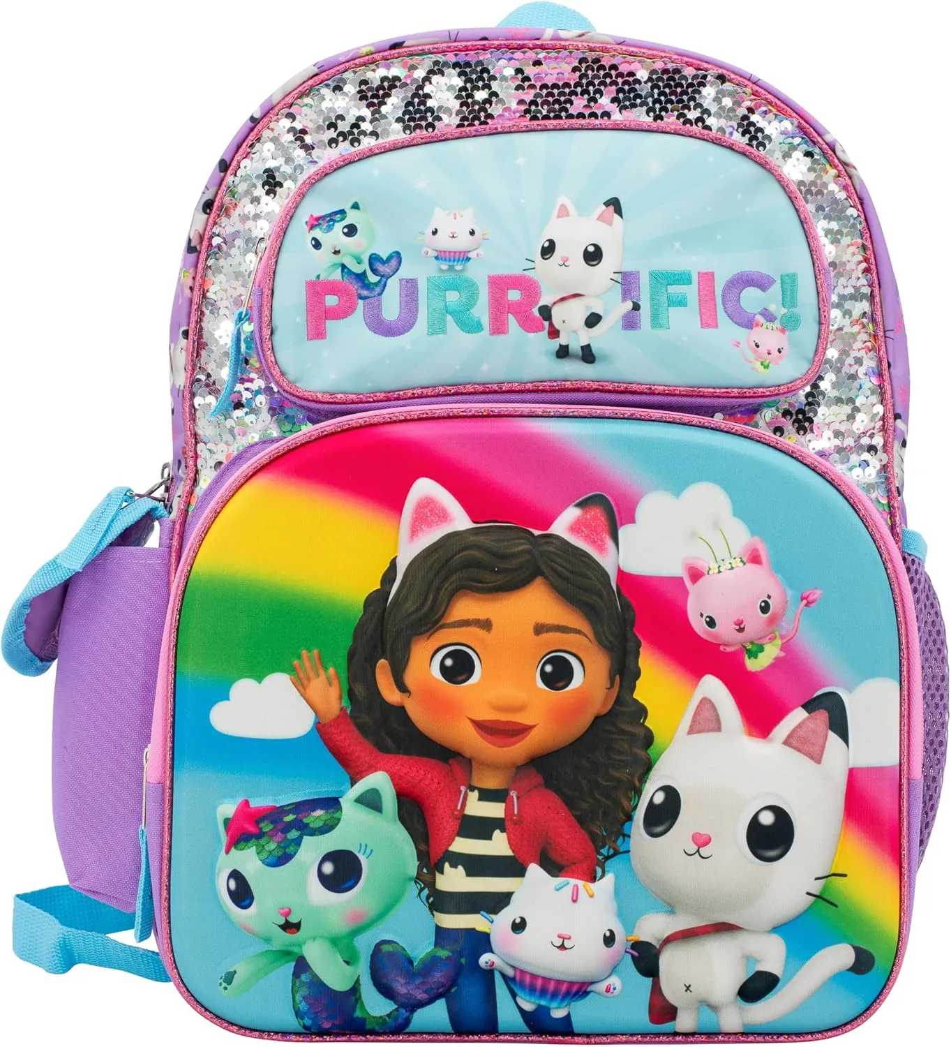 AI ACCESSORY INNOVATIONS Gabby’s Dollhouse Backpack for Girls, 16 Inch School Bag with Flip Sequins & 3D Molded Front Pocket, Purple