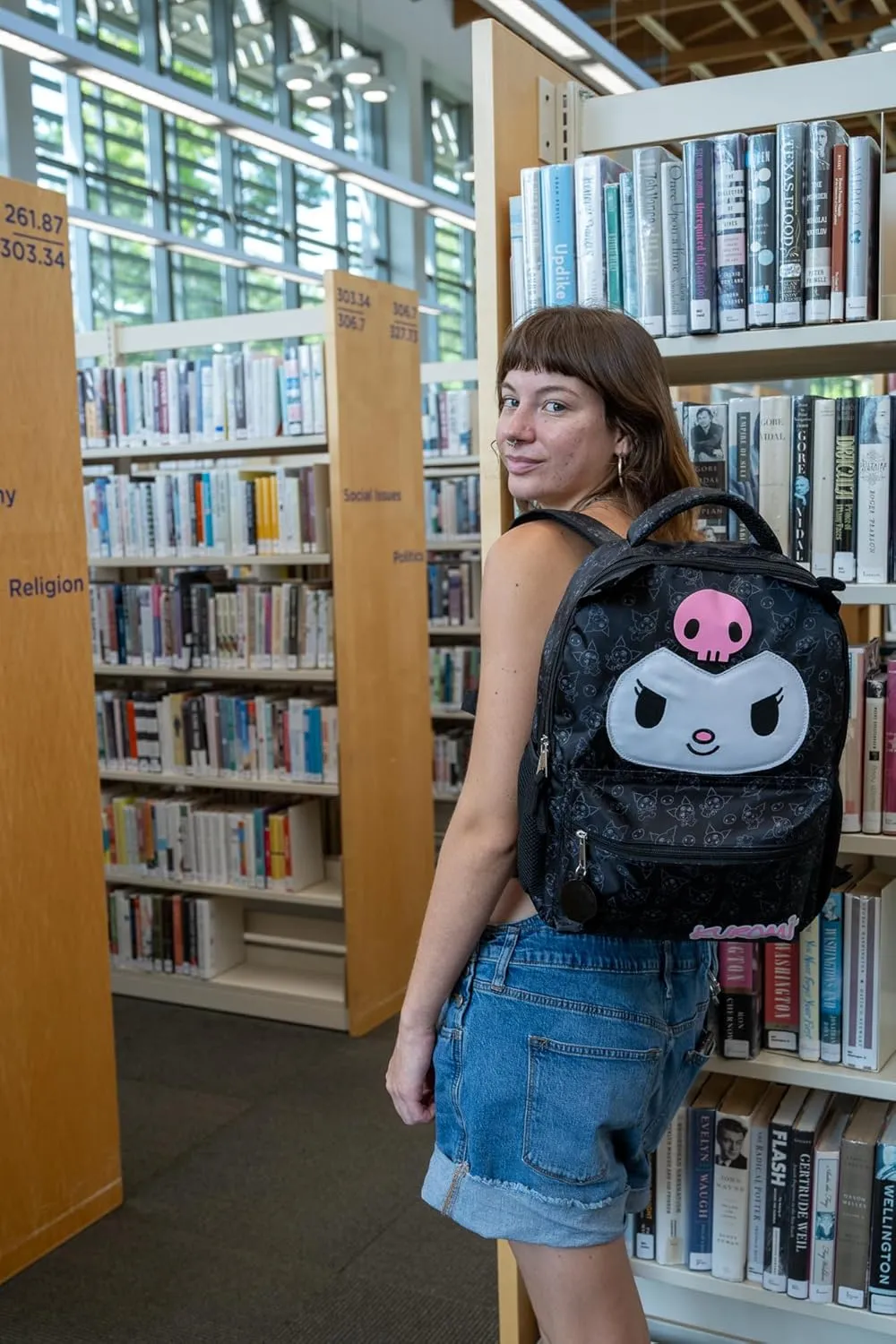 AI ACCESSORY INNOVATIONS Hello Kitty Kuromi Backpack for Girls, Sanrio Kawaii Bookbag, 16 Inch Anime School Bag with 3D Features, Black