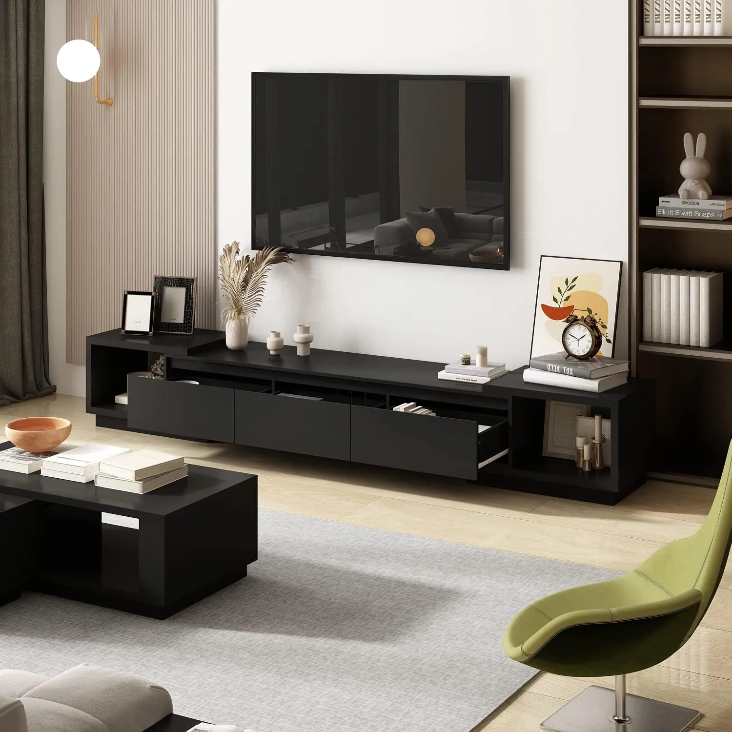 AIEGLE Deformable TV Console with 3 Drawers, Modern Extendable TV Stand in Stretch of 65"-106" Wide, Wood Media Gaming Entertainment Center, Black