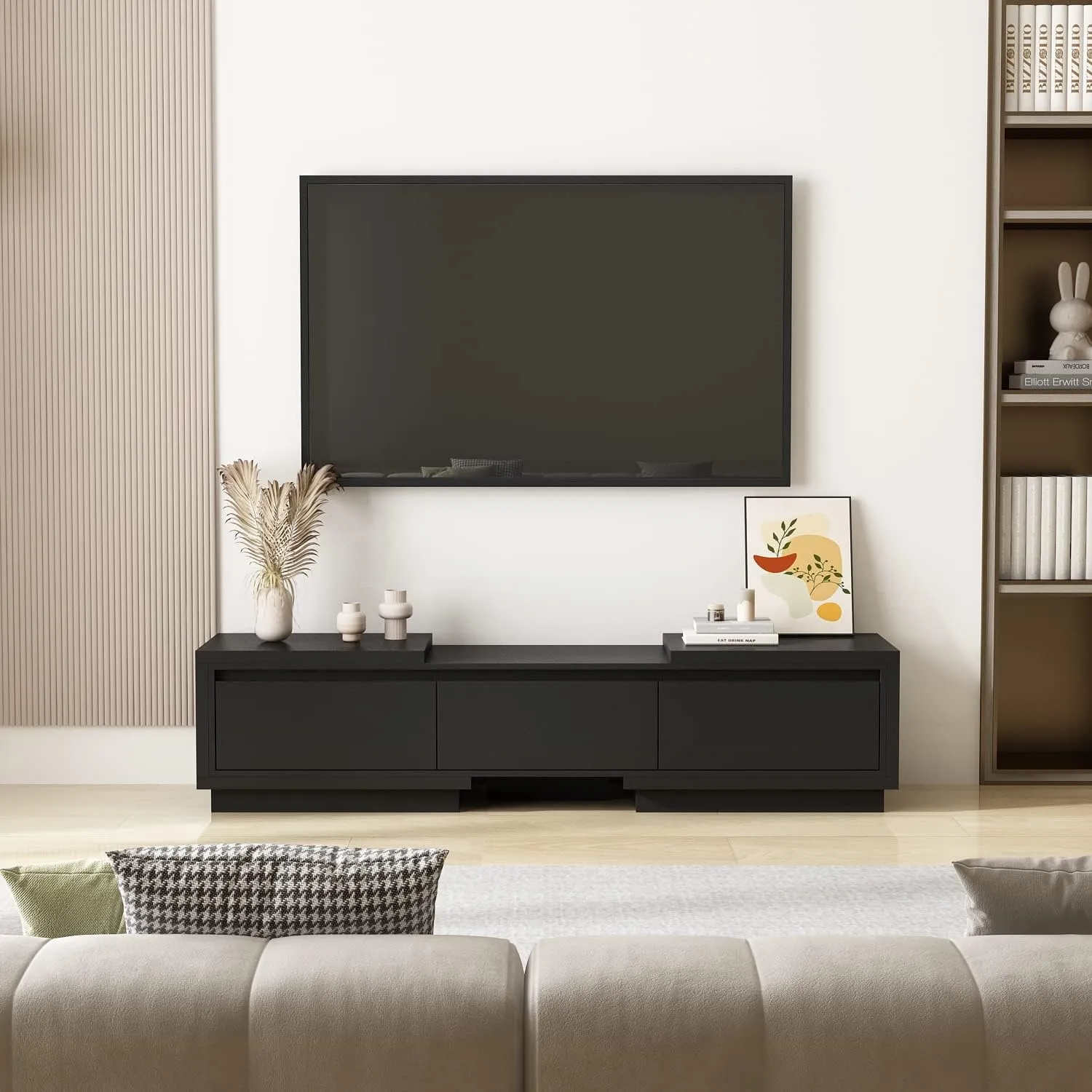 AIEGLE Deformable TV Console with 3 Drawers, Modern Extendable TV Stand in Stretch of 65"-106" Wide, Wood Media Gaming Entertainment Center, Black