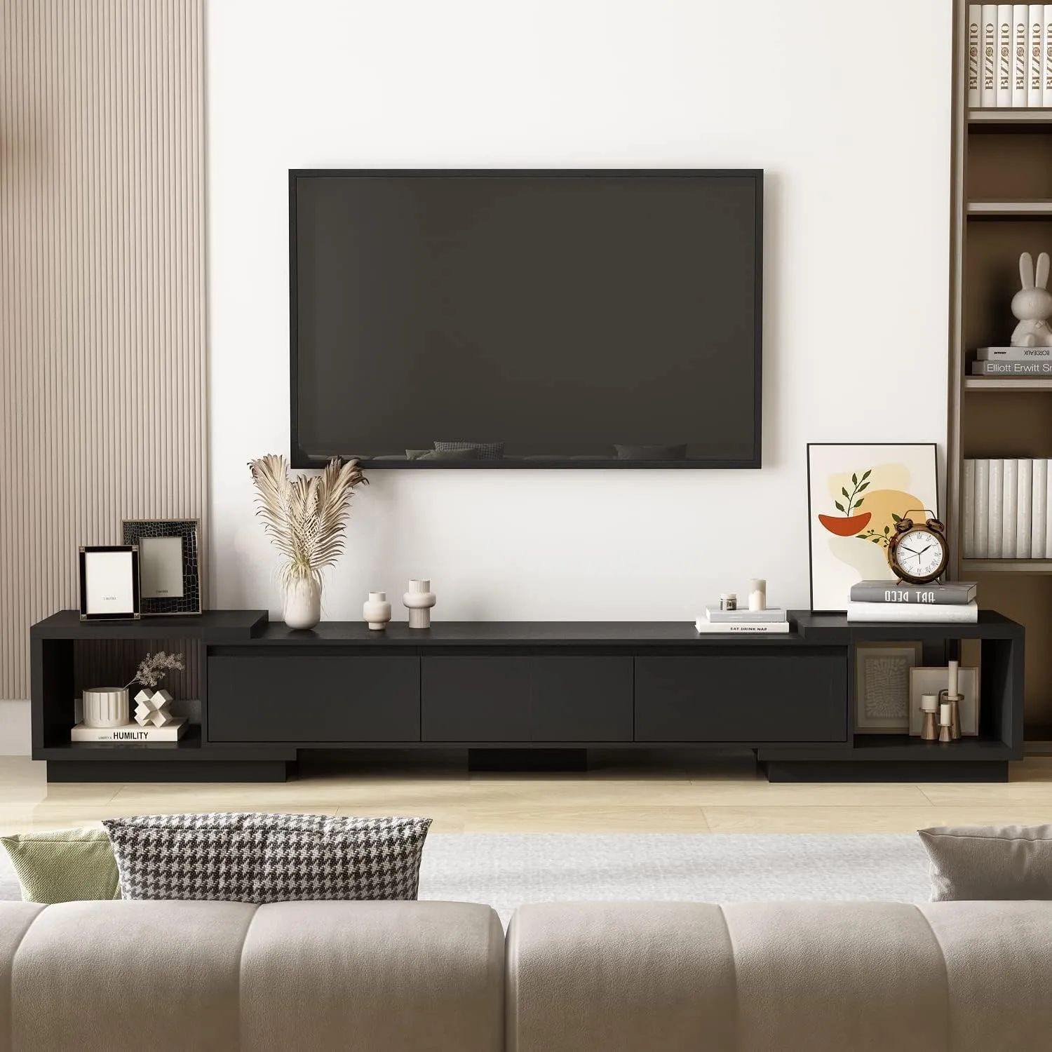 AIEGLE Deformable TV Console with 3 Drawers, Modern Extendable TV Stand in Stretch of 65"-106" Wide, Wood Media Gaming Entertainment Center, Black