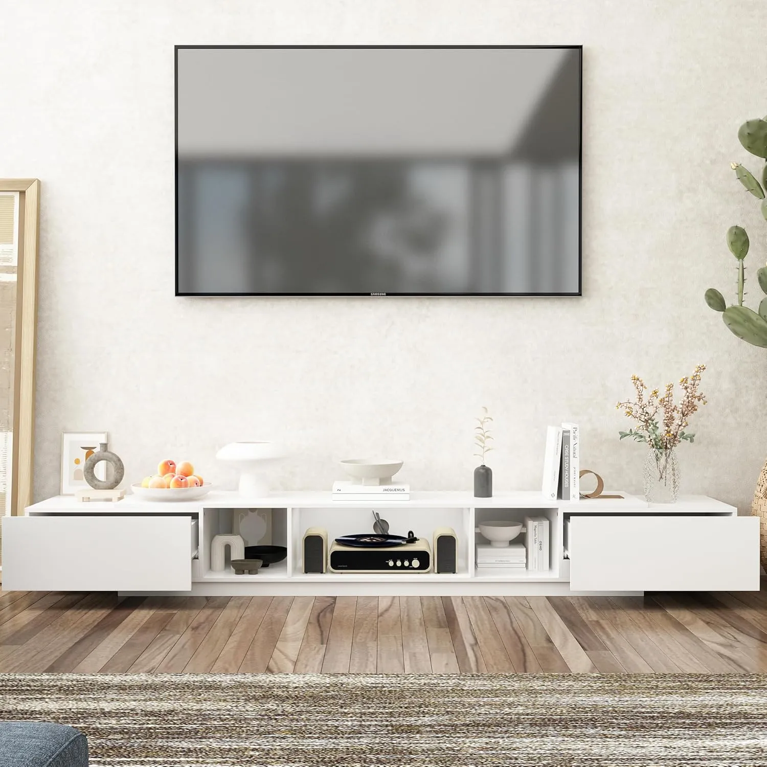 AIEGLE Modern TV Stand for 100  Inch TVs, 94.5" W Entertainment Center with 2 Drawers & Shelves, Large Media Console Table TV Cabinet with Storage, White