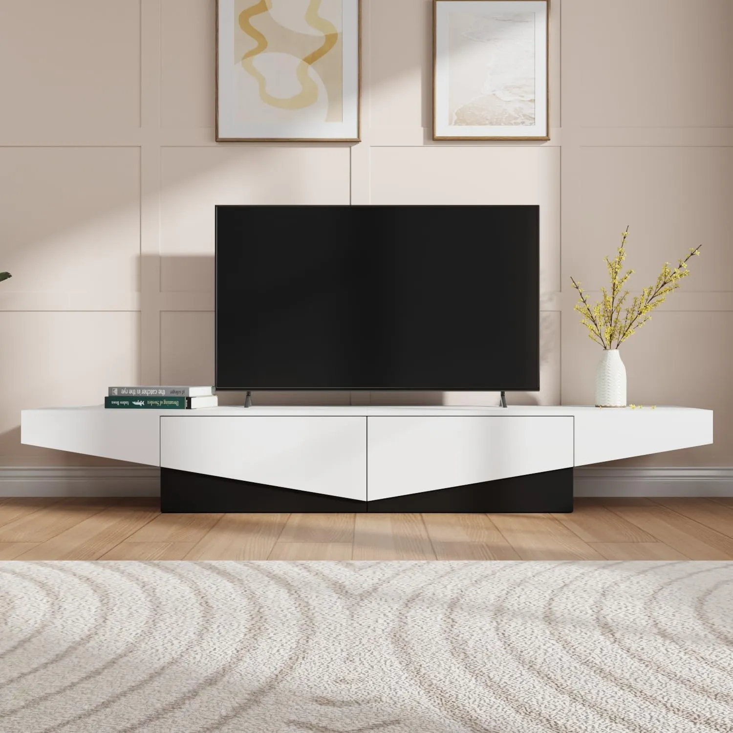 AIEGLE Modern TV Stand for 80  Inch TVs, 78.7" W Entertainment Center with 2 Drawers & Decor Shape, Media Console Table TV Cabinet with Storage, White