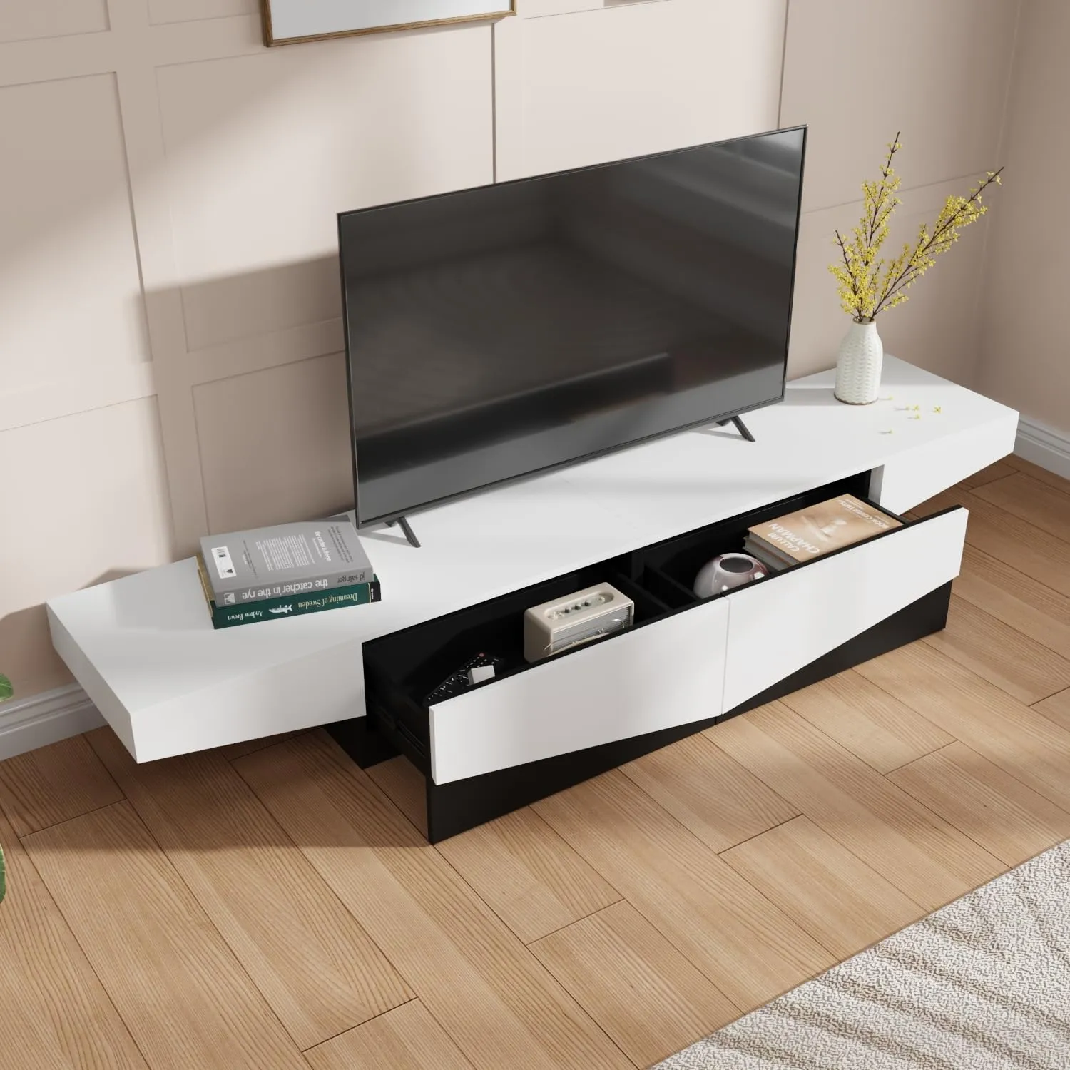 AIEGLE Modern TV Stand for 80  Inch TVs, 78.7" W Entertainment Center with 2 Drawers & Decor Shape, Media Console Table TV Cabinet with Storage, White