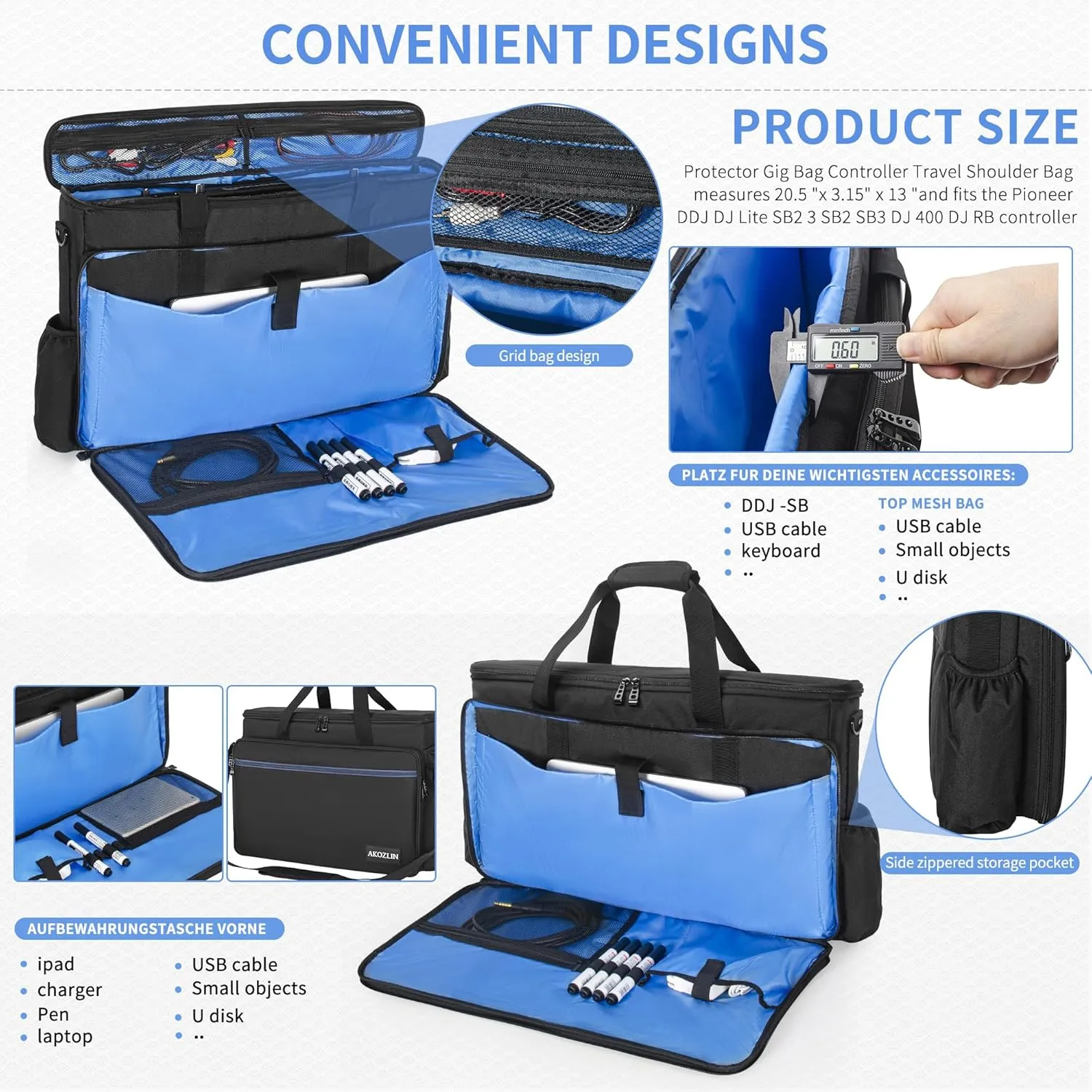 AKOZLIN Padded DJ Controller Mixer Bag Fit For Pioneer Flx 4 DDJ DJ Lite SB 2 3 SB2 SB3 DJ 400 DJ RB Gig Travel Shoulder Bag 20.5”×3.15”×13”