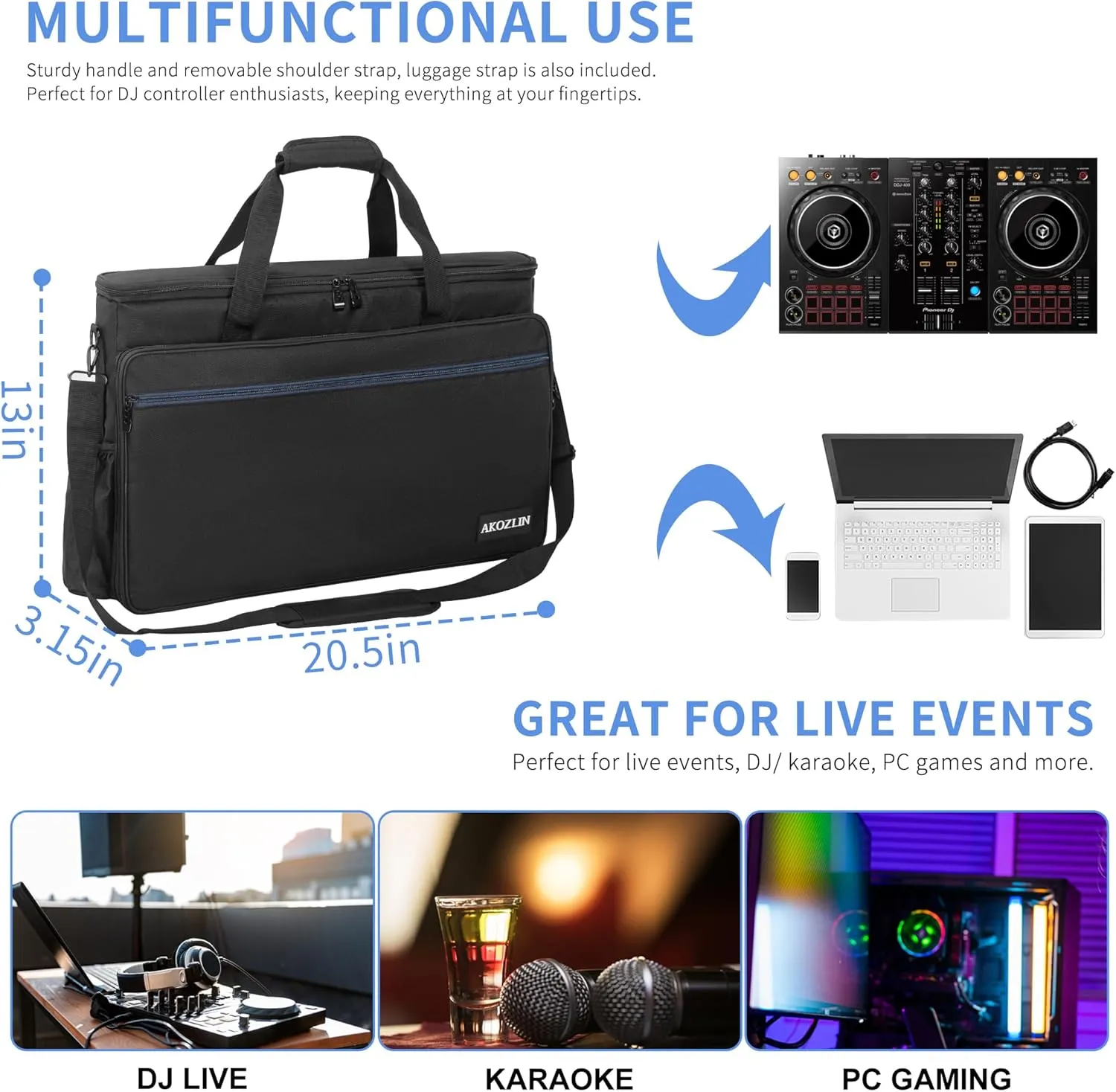 AKOZLIN Padded DJ Controller Mixer Bag Fit For Pioneer Flx 4 DDJ DJ Lite SB 2 3 SB2 SB3 DJ 400 DJ RB Gig Travel Shoulder Bag 20.5”×3.15”×13”
