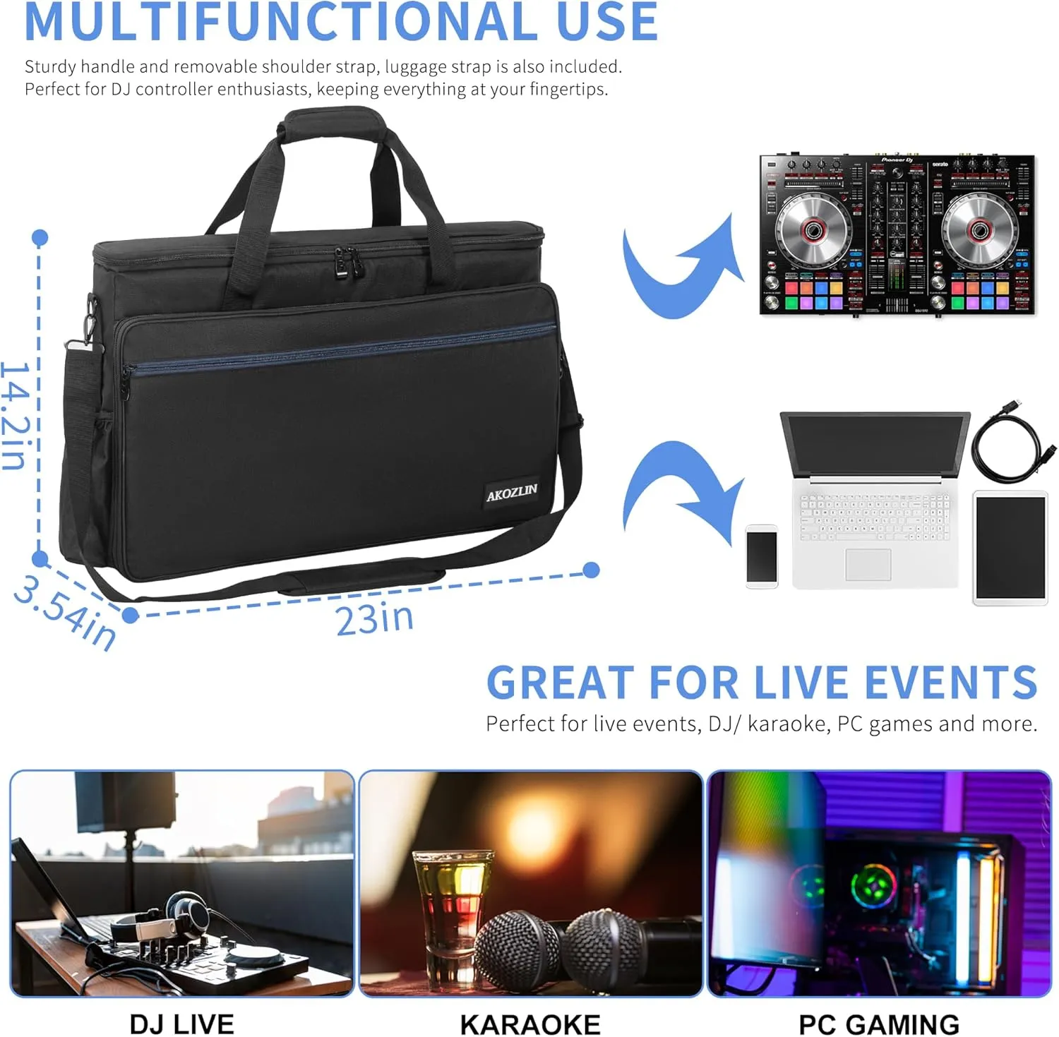 AKOZLIN Padded Gig Bag Controller Travel Shoulder Bag 23”×3.54”×14.2” Fit For Pioneer DDJ SR SR2 RR Denon MC4000 Numark NVII DJ Mixer Case