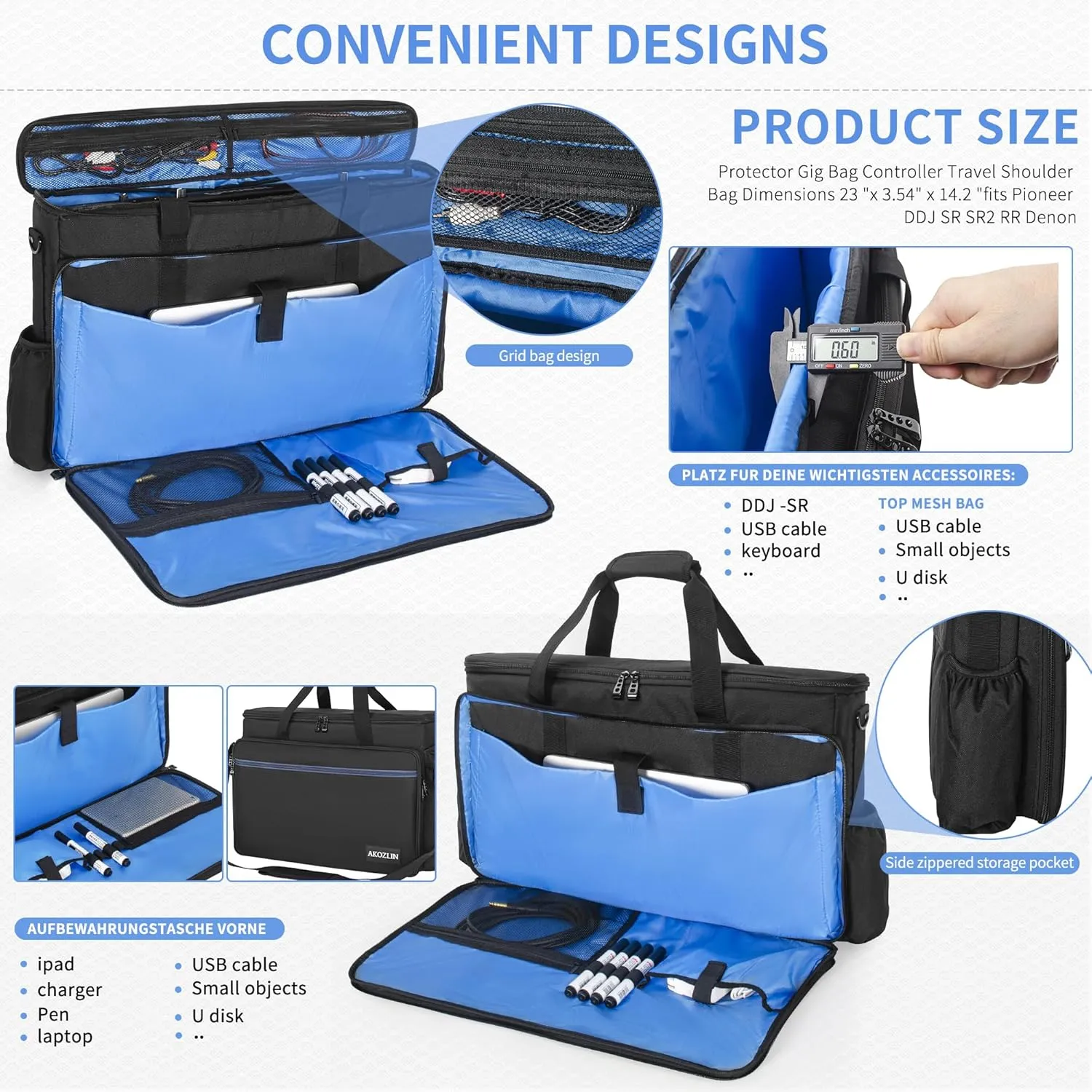AKOZLIN Padded Gig Bag Controller Travel Shoulder Bag 23”×3.54”×14.2” Fit For Pioneer DDJ SR SR2 RR Denon MC4000 Numark NVII DJ Mixer Case