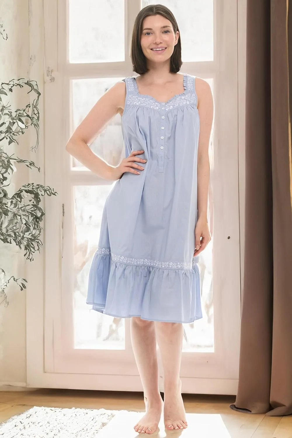 Alexander Del Rossa Embroidered 100% Cotton Nightgowns for Women, Short Sleeveless Summer Womens Cotton Nightgown
