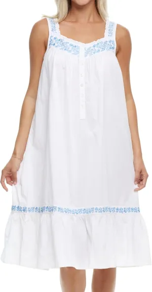 Alexander Del Rossa Embroidered 100% Cotton Nightgowns for Women, Short Sleeveless Summer Womens Cotton Nightgown