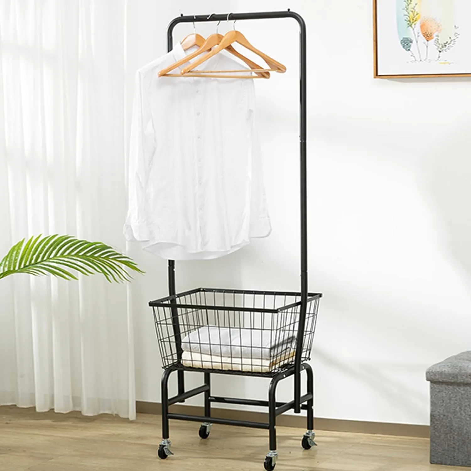 ALIMORDEN Laundry Cart with Clothes Rack, Rolling Laundry Butler with Wire Storage Rack，Black