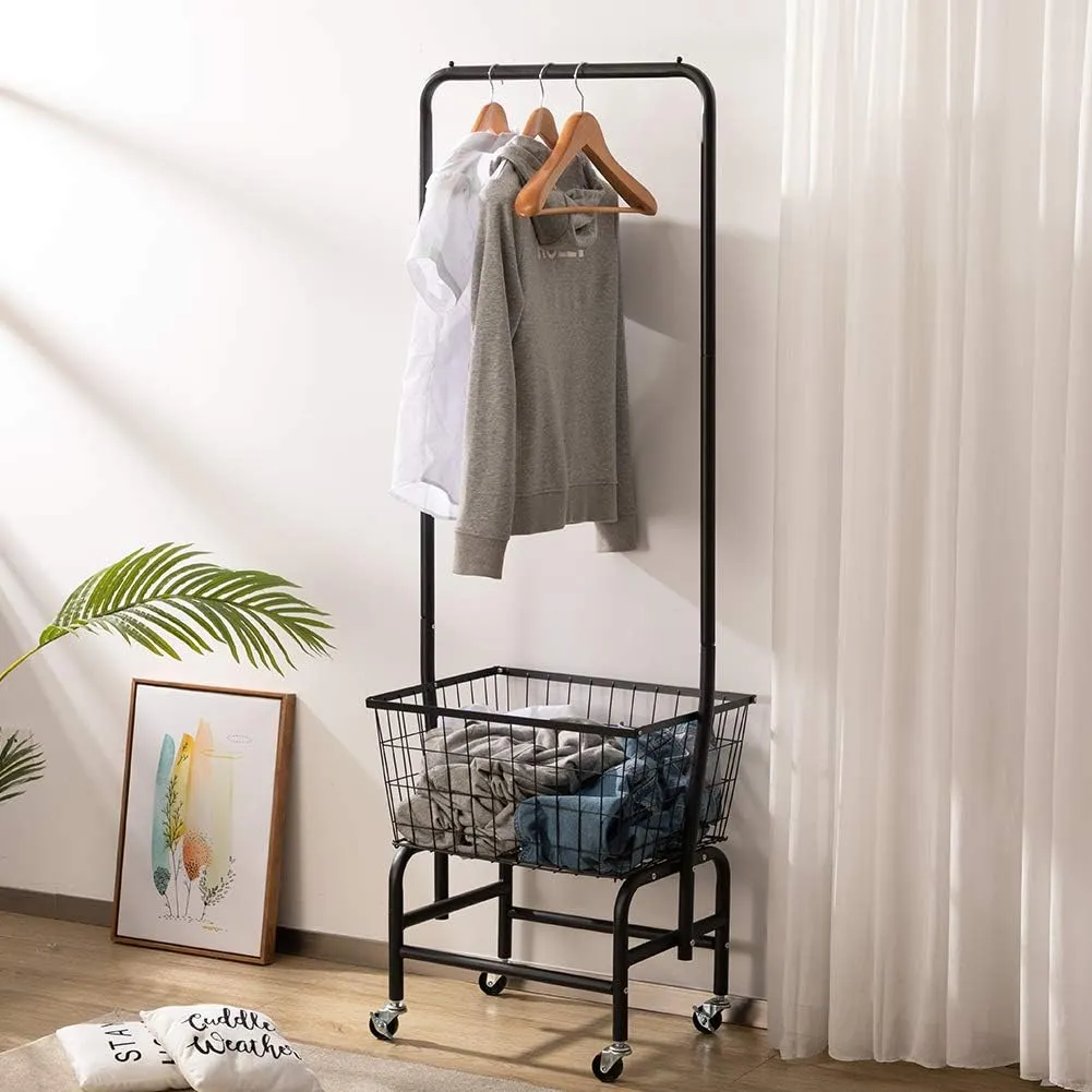 ALIMORDEN Laundry Cart with Clothes Rack, Rolling Laundry Butler with Wire Storage Rack，Black