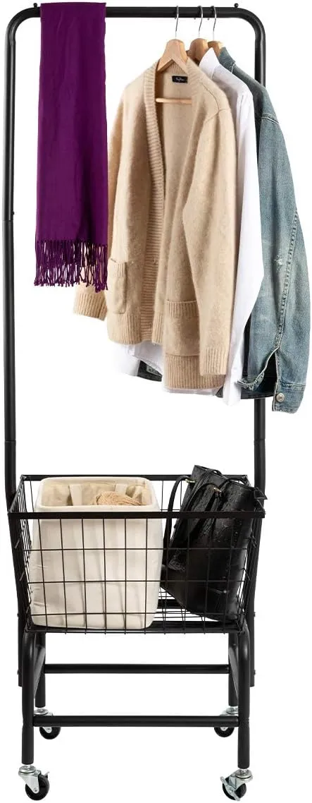 ALIMORDEN Laundry Cart with Clothes Rack, Rolling Laundry Butler with Wire Storage Rack，Black