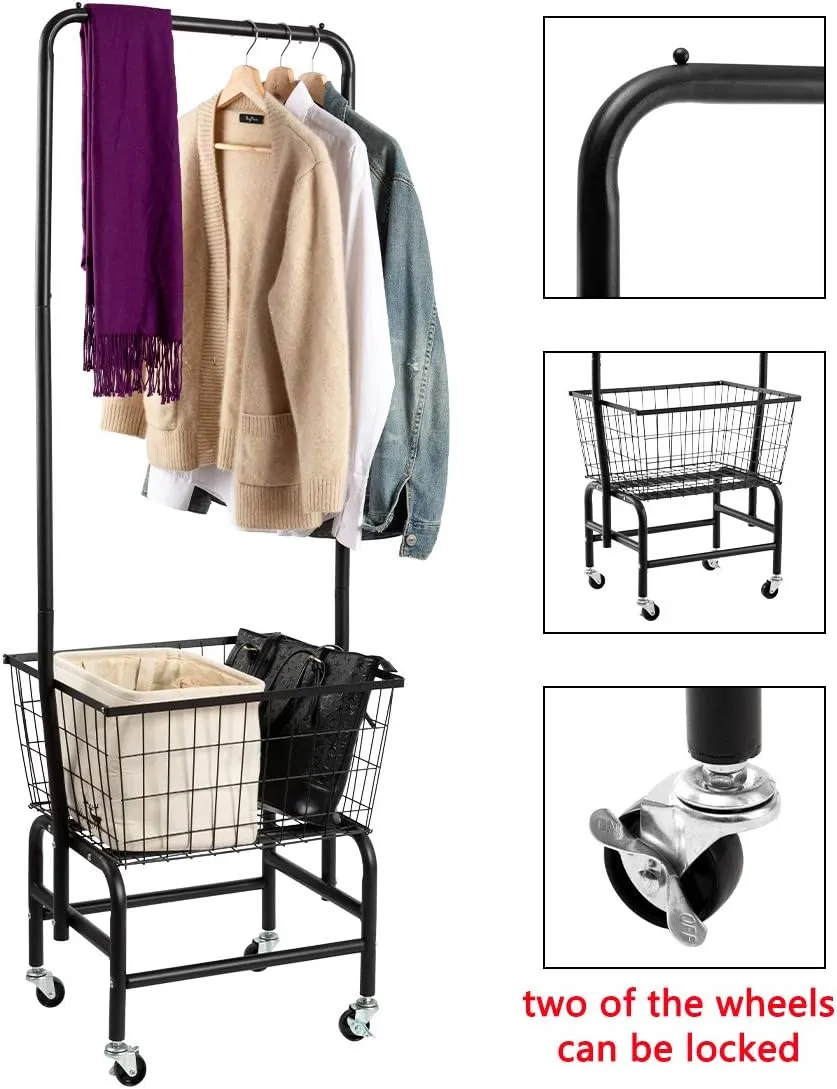 ALIMORDEN Laundry Cart with Clothes Rack, Rolling Laundry Butler with Wire Storage Rack，Black