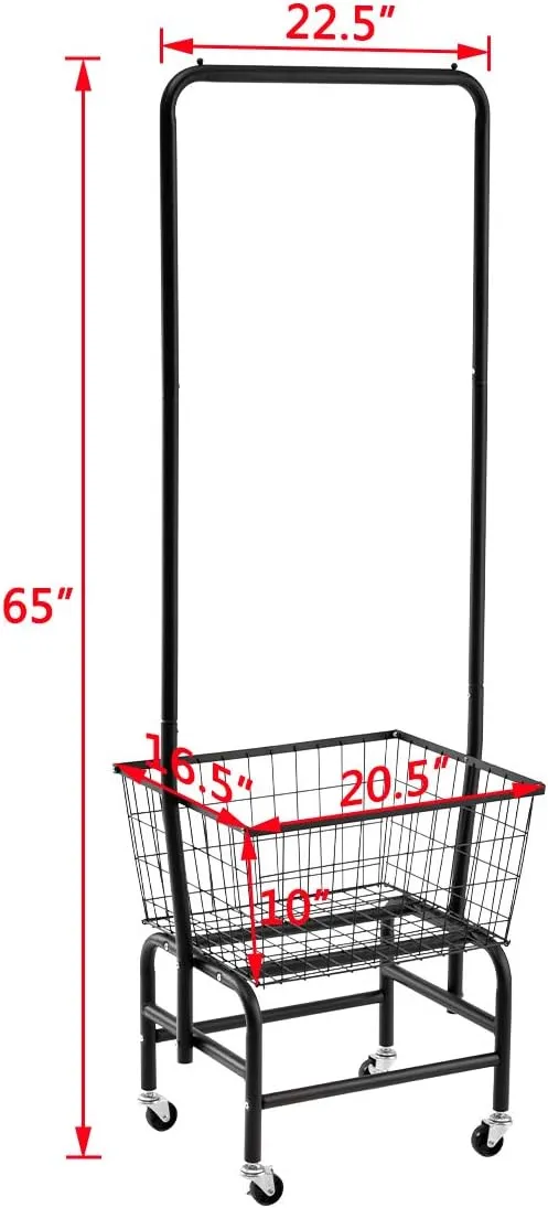 ALIMORDEN Laundry Cart with Clothes Rack, Rolling Laundry Butler with Wire Storage Rack，Black