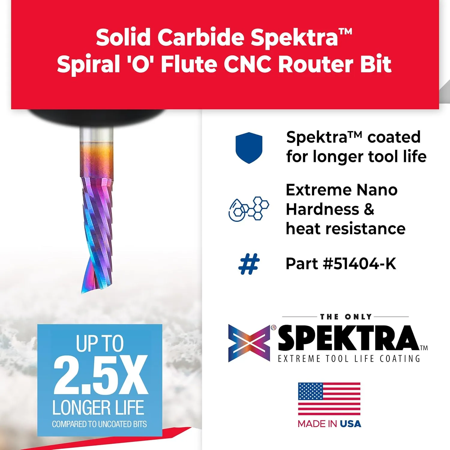 Amana Tool Spektra Coated Solid Carbide CNC Spiral Single O-Flute Router Bit for Plastic Cutting, 51404-K, 1/4 D x 3/4 CH x 1/4 SHK x 2 Inch Long Up-Cut with Mirror Finish