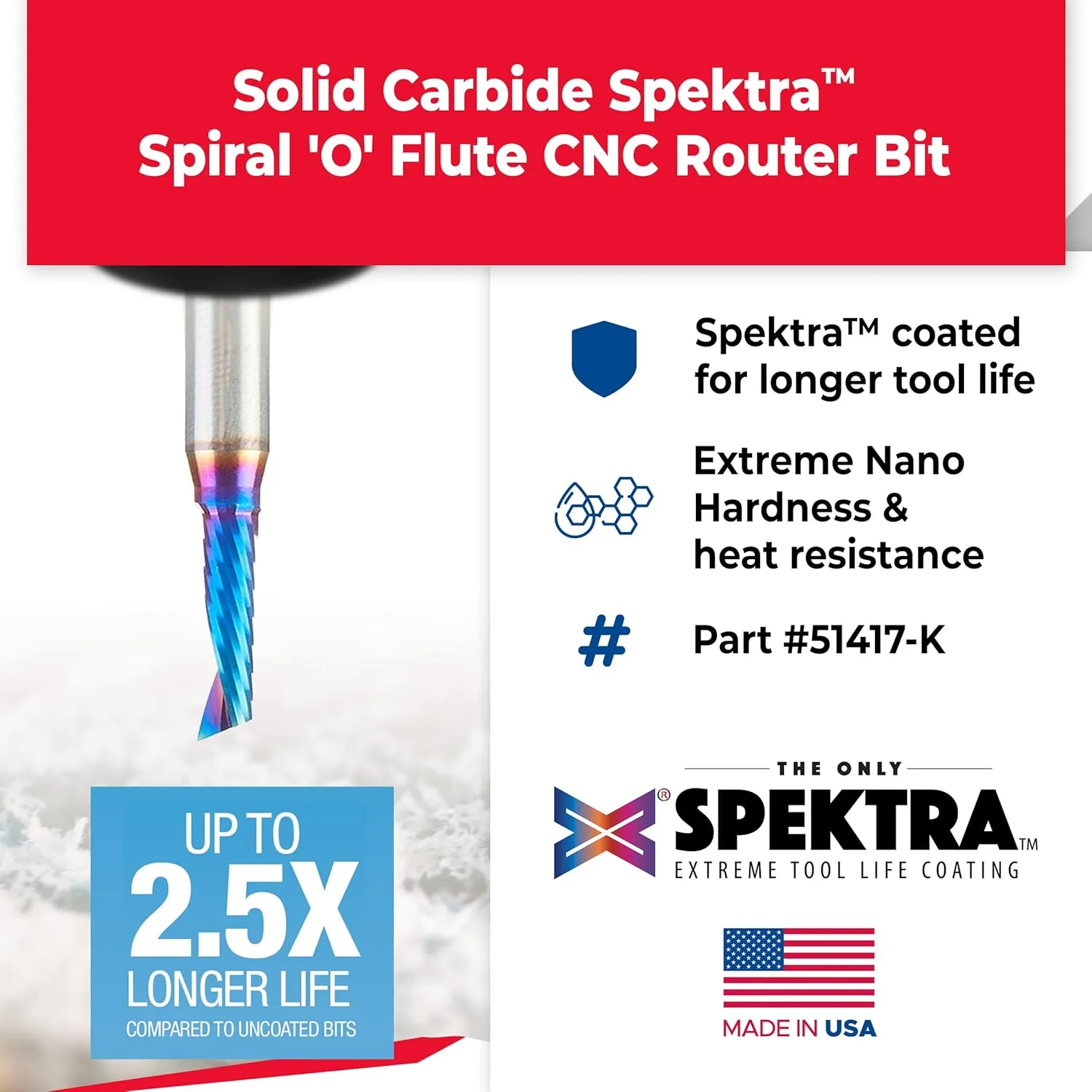Amana Tool Spektra Coated Solid Carbide CNC Spiral Single O-Flute Router Bit for Plastic Cutting, 51417-K, 3/16 D x 5/8 CH x 1/4 SHK x 2 Inch Long Up-Cut with Mirror Finish