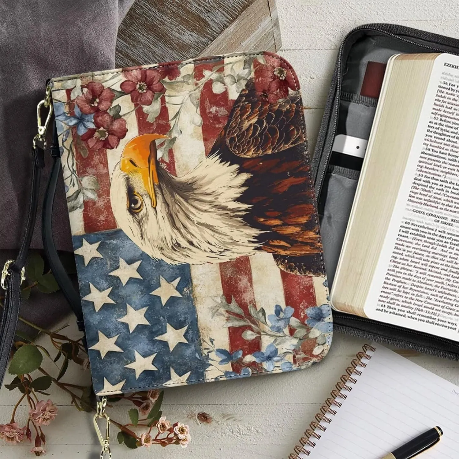 American Flag Eagle Floral Print Bible Case for Women Hope and Love Leather Bible Cover with Shoulder Strap and Handle Sturdy Bible Protector Zippered Bible Bag with Pen Slots, M