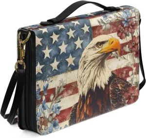 American Flag Eagle Floral Print Bible Case for Women Hope and Love Leather Bible Cover with Shoulder Strap and Handle Sturdy Bible Protector Zippered Bible Bag with Pen Slots, M