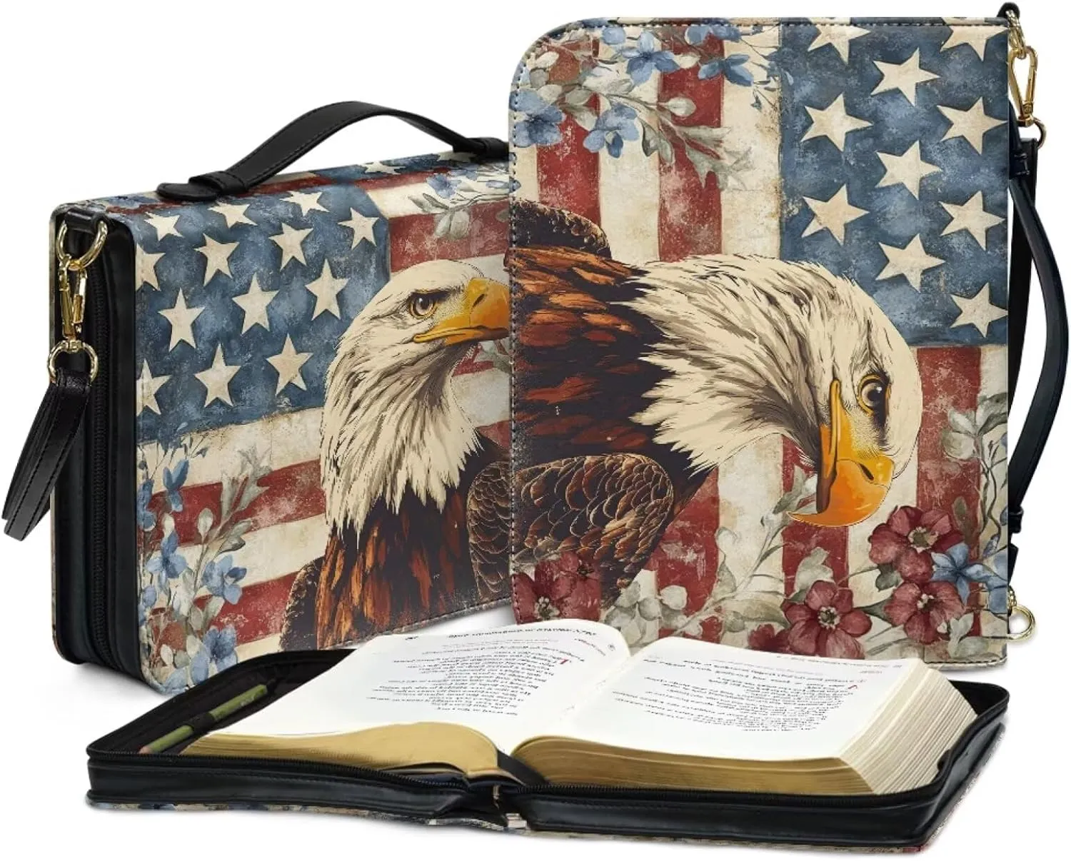 American Flag Eagle Floral Print Bible Case for Women Hope and Love Leather Bible Cover with Shoulder Strap and Handle Sturdy Bible Protector Zippered Bible Bag with Pen Slots, M
