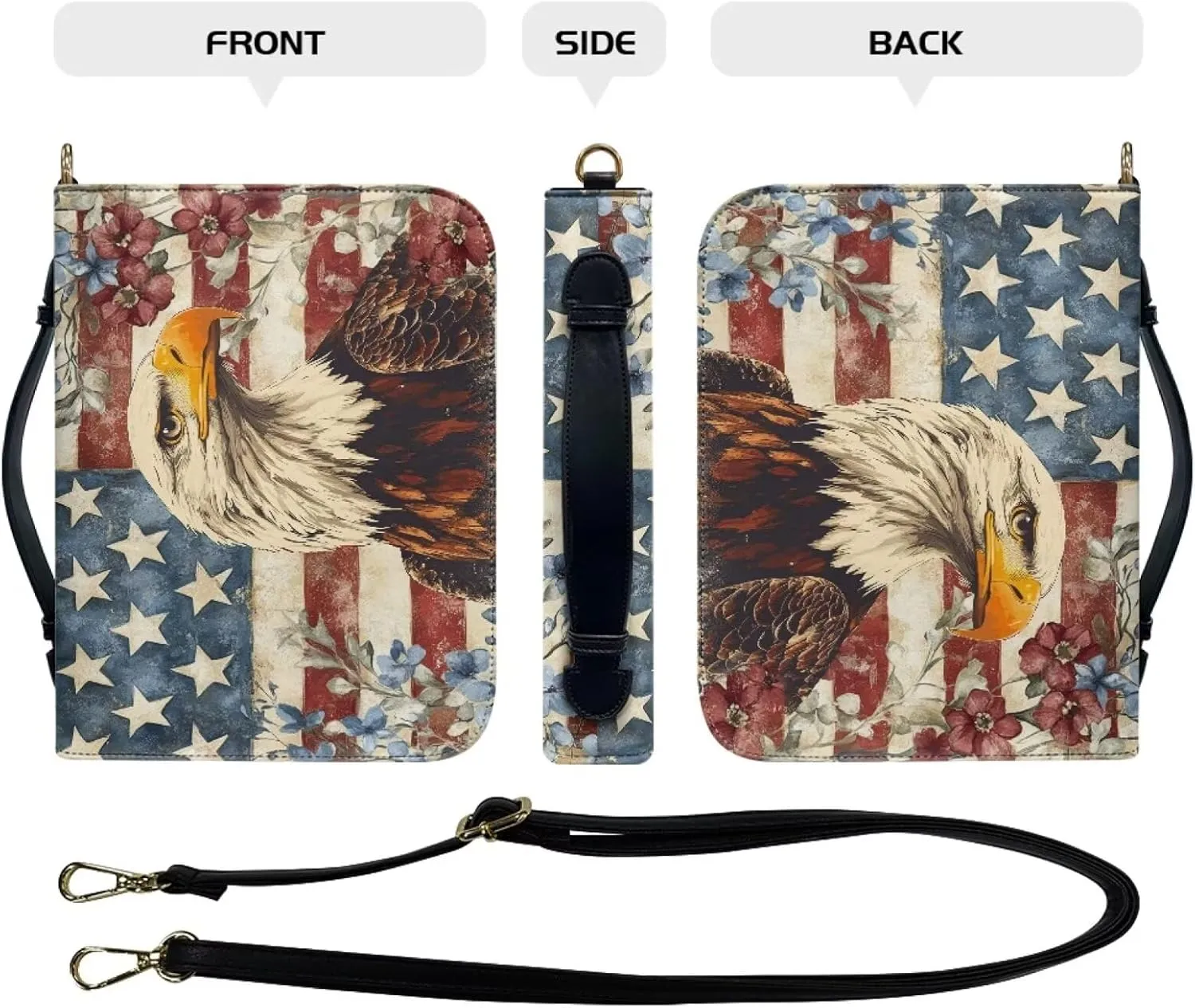 American Flag Eagle Floral Print Bible Case for Women Hope and Love Leather Bible Cover with Shoulder Strap and Handle Sturdy Bible Protector Zippered Bible Bag with Pen Slots, M