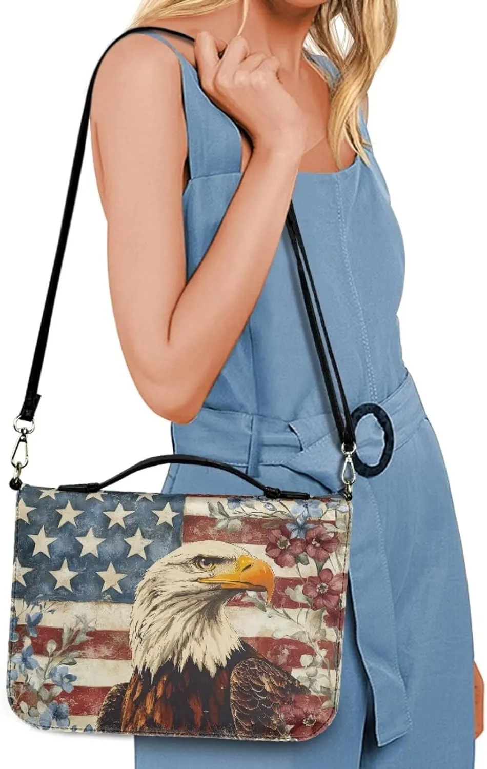 American Flag Eagle Floral Print Bible Case for Women Hope and Love Leather Bible Cover with Shoulder Strap and Handle Sturdy Bible Protector Zippered Bible Bag with Pen Slots, M