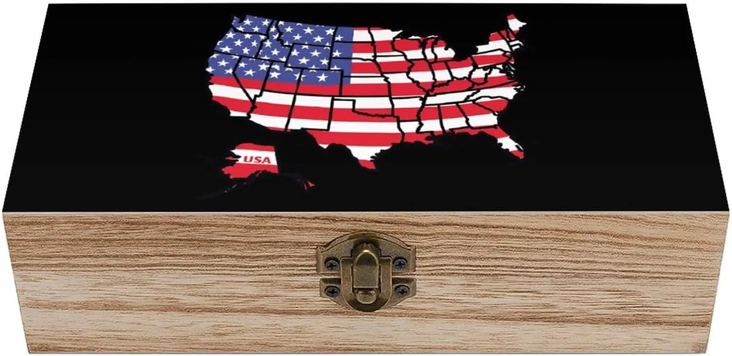 American Flag Map Wooden Box with Hinged Lid Decorative Wood Storage Case Cabinet Container for Home Office