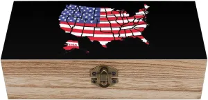 American Flag Map Wooden Box with Hinged Lid Decorative Wood Storage Case Cabinet Container for Home Office