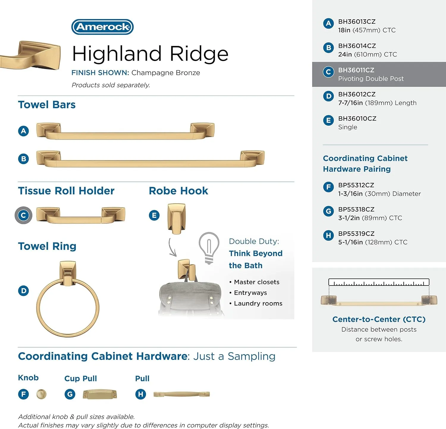 Amerock BH36011CZ | Champagne Bronze Pivoting Double Post Toilet Paper Holder | 10-5/8 in. (270 mm) Toilet Tissue Holder | Highland Ridge | Bath Tissue Holder | Bathroom Hardware | Bath Accessories