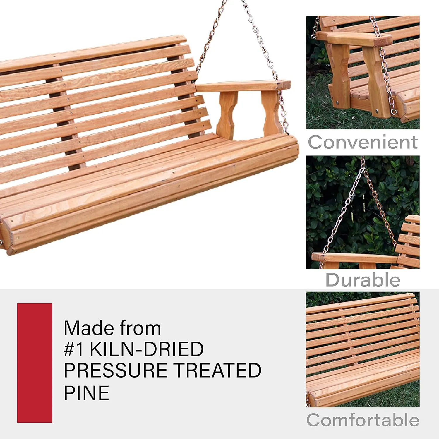 Amish Casual Heavy Duty Wooden Roll Back 4 Foot Porch Swing in Cedar Stain, Authentic Amish Craftsmanship from Treated Pine with 700 Lb. Weight Capacity