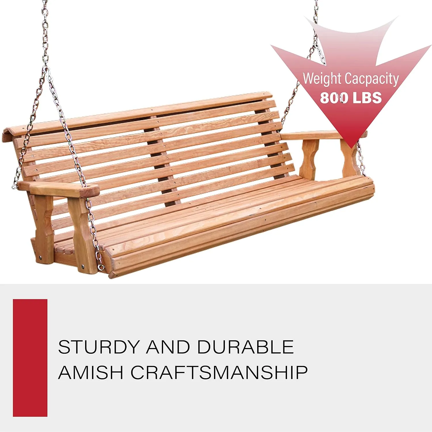 Amish Casual Heavy Duty Wooden Roll Back 4 Foot Porch Swing in Cedar Stain, Authentic Amish Craftsmanship from Treated Pine with 700 Lb. Weight Capacity