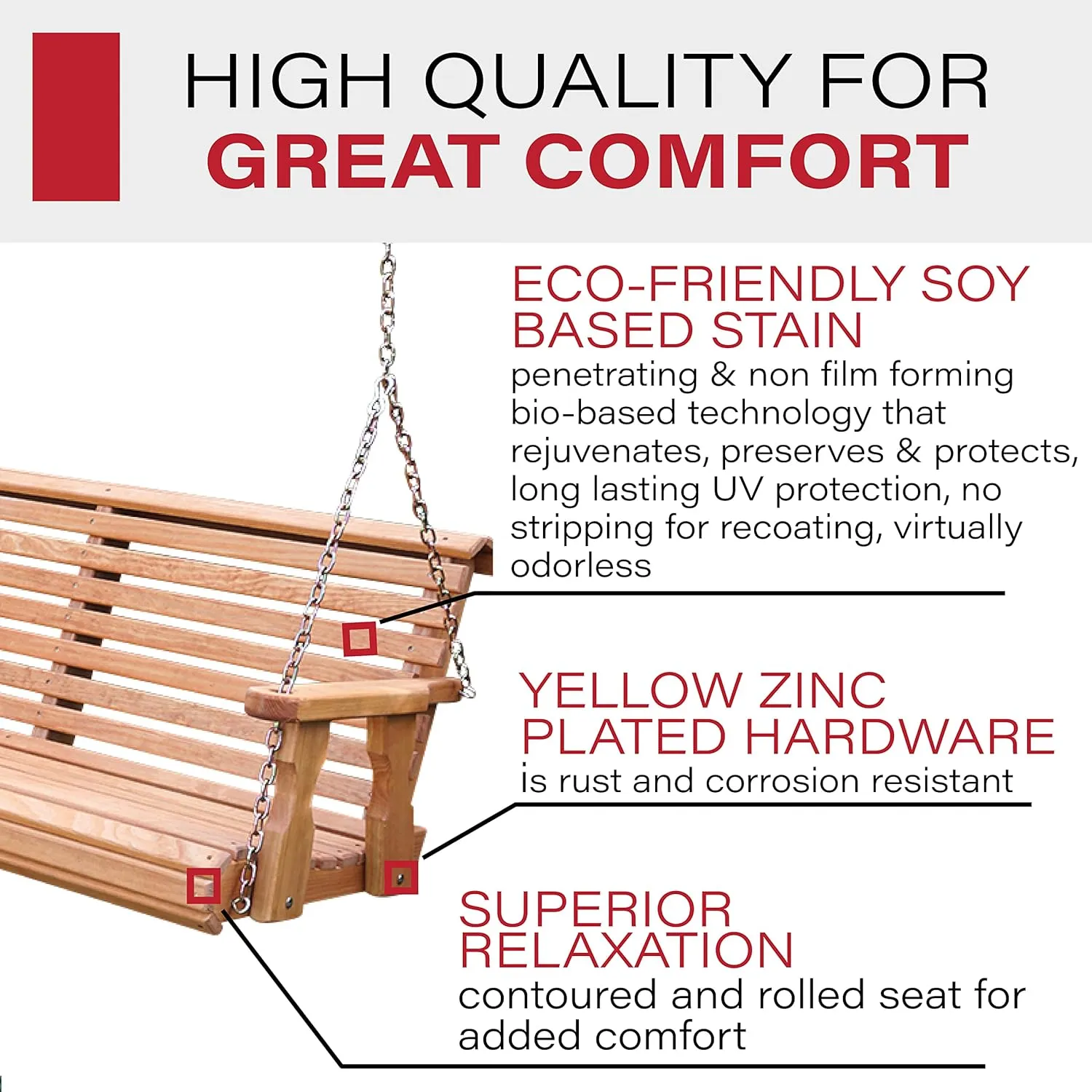 Amish Casual Heavy Duty Wooden Roll Back 4 Foot Porch Swing in Cedar Stain, Authentic Amish Craftsmanship from Treated Pine with 700 Lb. Weight Capacity