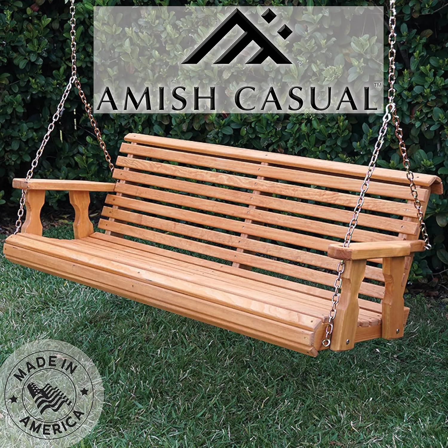 Amish Casual Heavy Duty Wooden Roll Back 4 Foot Porch Swing in Cedar Stain, Authentic Amish Craftsmanship from Treated Pine with 700 Lb. Weight Capacity