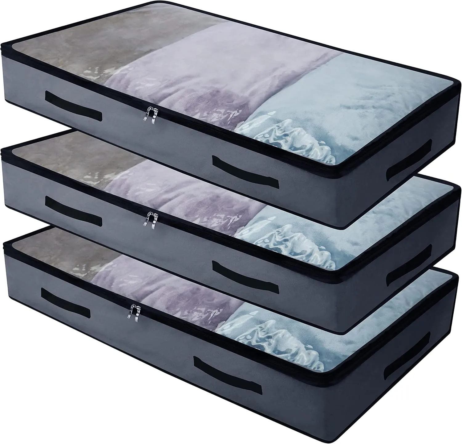 AMJ 3 Pack Underbed Storage Bags, Transparent Zip Lid Under Bed Storage Bags, Foldable Under-Bed Storage Bags and Containers, Dark Gray