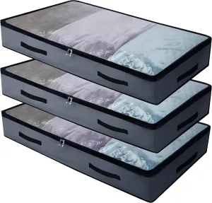 AMJ 3 Pack Underbed Storage Bags, Transparent Zip Lid Under Bed Storage Bags, Foldable Under-Bed Storage Bags and Containers, Dark Gray