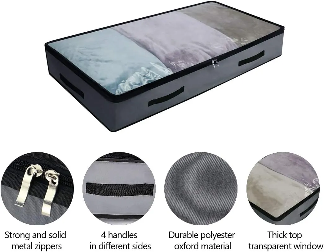 AMJ 3 Pack Underbed Storage Bags, Transparent Zip Lid Under Bed Storage Bags, Foldable Under-Bed Storage Bags and Containers, Dark Gray