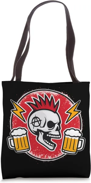 Angry Punk Skull Lightning Beer Graphic Tote Bag