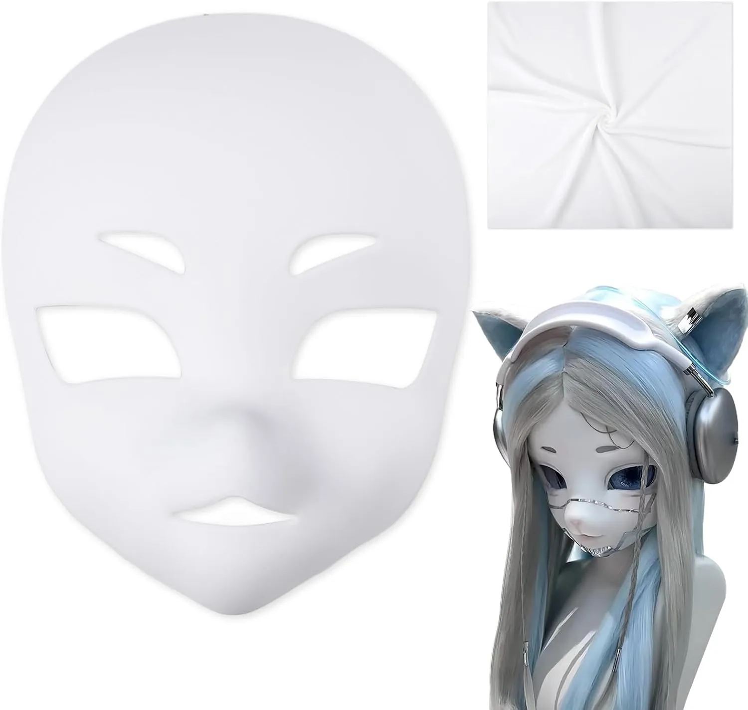 Animal Fursuit Kig Furry Head Base 3D Printed Mask Skull Cat Cut Mask for Furry Costume Roleplay PP White Masks Masquerade Cosplay Props Includes Felt Velvet Soft Fabric