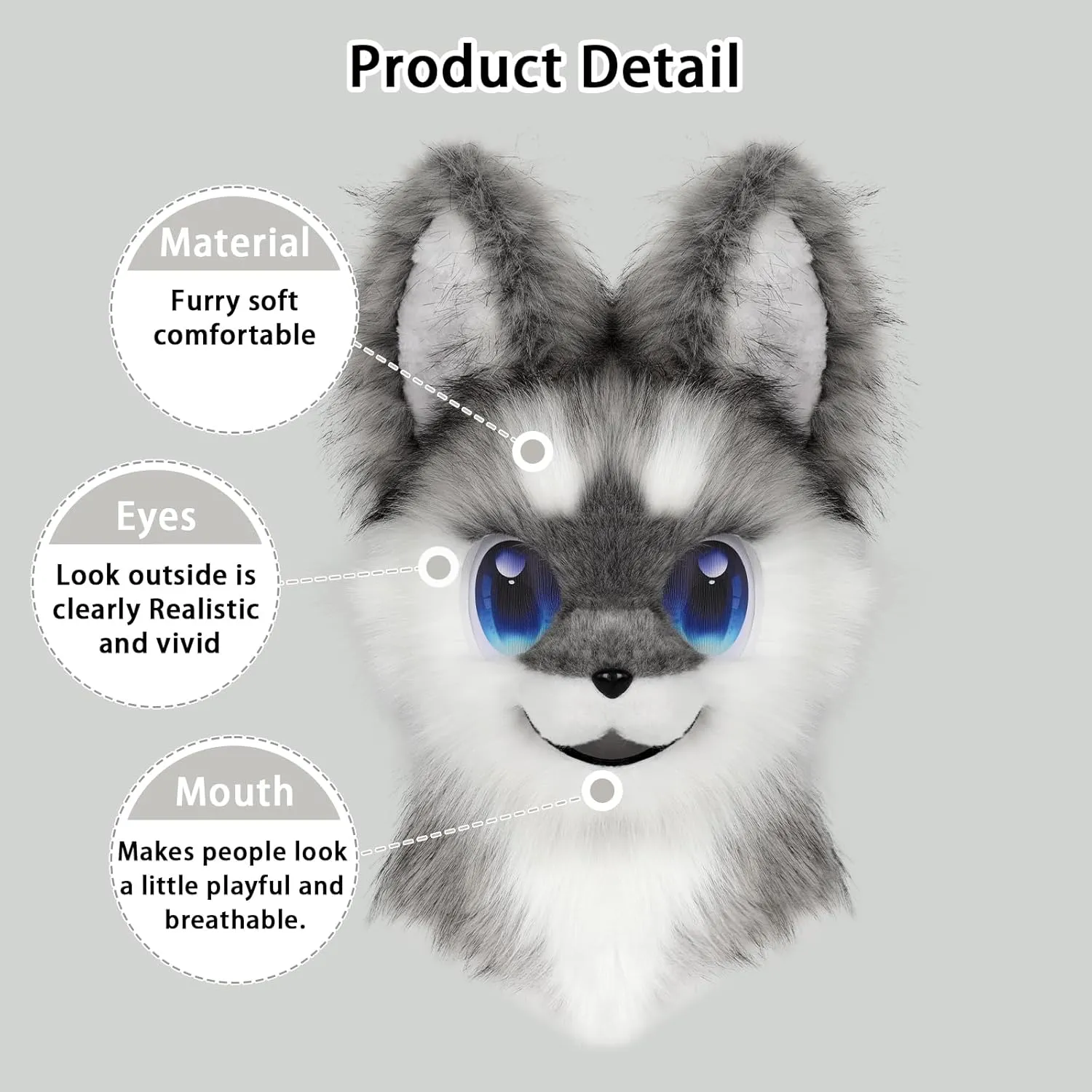 Animal Head Mask Furry Fursuit Plush Dog Fox Masks for Halloween Parties Cosplay Costume Accessory