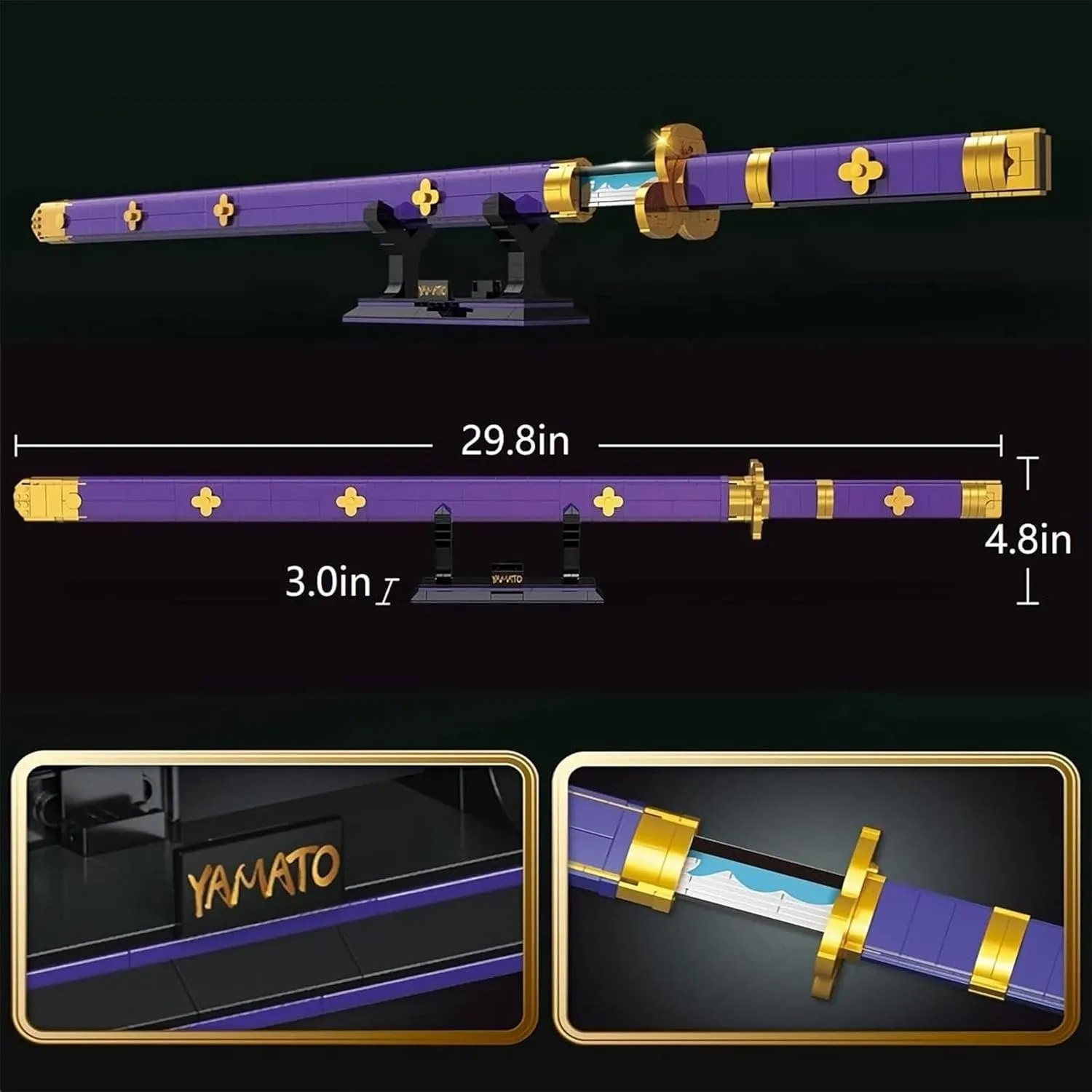 Anime Cosplay Swords Building Set, 936 Piece One Purple Enma Zoro Sword 38.8IN with Scabbard and Bracket for Adults and Kid 8  (Roronoa Zoro Yamato Sword)