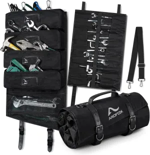 ARCFOX Vintage Oil Waxed Canvas Roll Up Tool Bag Organizer, 25 Pockets Car Tool Roll Bag with 5 Detachable Large Pouches  1 Wrench Pouch, 15L Motorcycle Tools Bag Storage Organizer, Tab Window, Black
