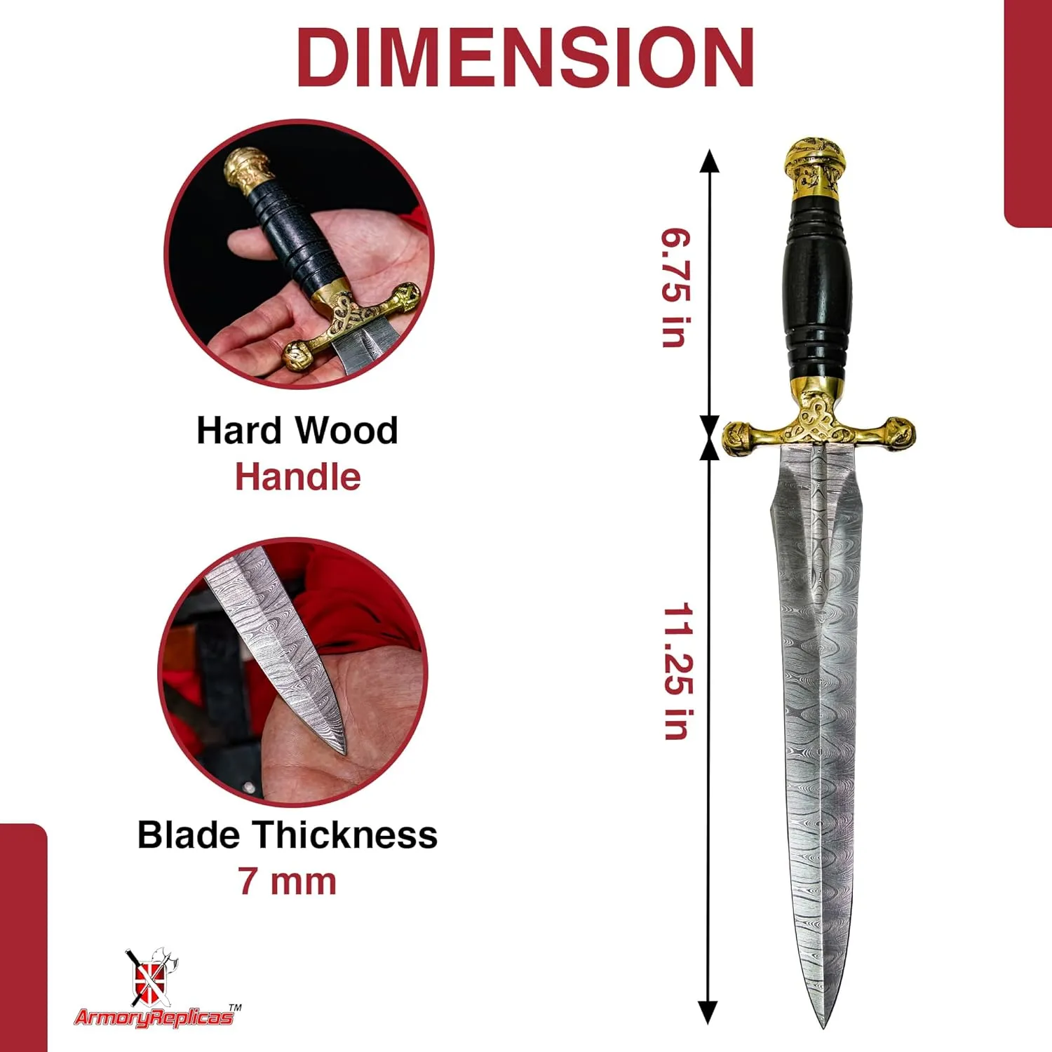 Armory Replicas™ Medieval Hand Forged Damascus Steel Viking Ceremonial Dagger – Brass Guard, Genuine Leather Sheath – Unique Patterns, 11.25" Blade for Costumes & Collectors