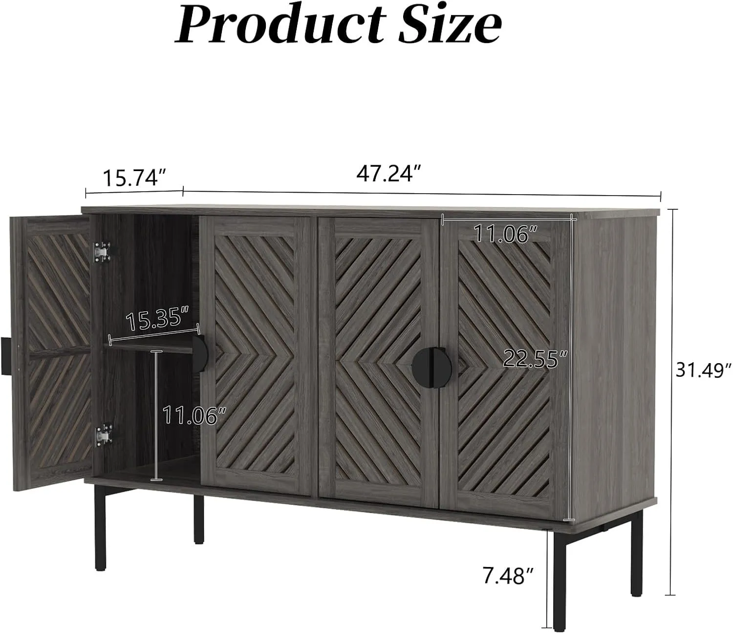 ARTPOWER 47.2'' Sideboard Storage Cabinet with 4 Hollow Doors, Modern Accent Buffet Cabinet with Adjustable Shelves & Metal Handle, Decorative Credenza for Living Room, Entryway, Dark Grey