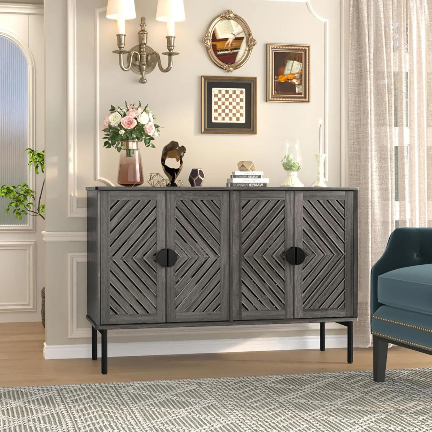 ARTPOWER 47.2'' Sideboard Storage Cabinet with 4 Hollow Doors, Modern Accent Buffet Cabinet with Adjustable Shelves & Metal Handle, Decorative Credenza for Living Room, Entryway, Dark Grey