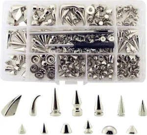 Assorted Styles 140 Sets Screw Back Studs and Spikes Kit with Tools Silver Leather Craft Rivets Bullet Cone DIY Accessories
