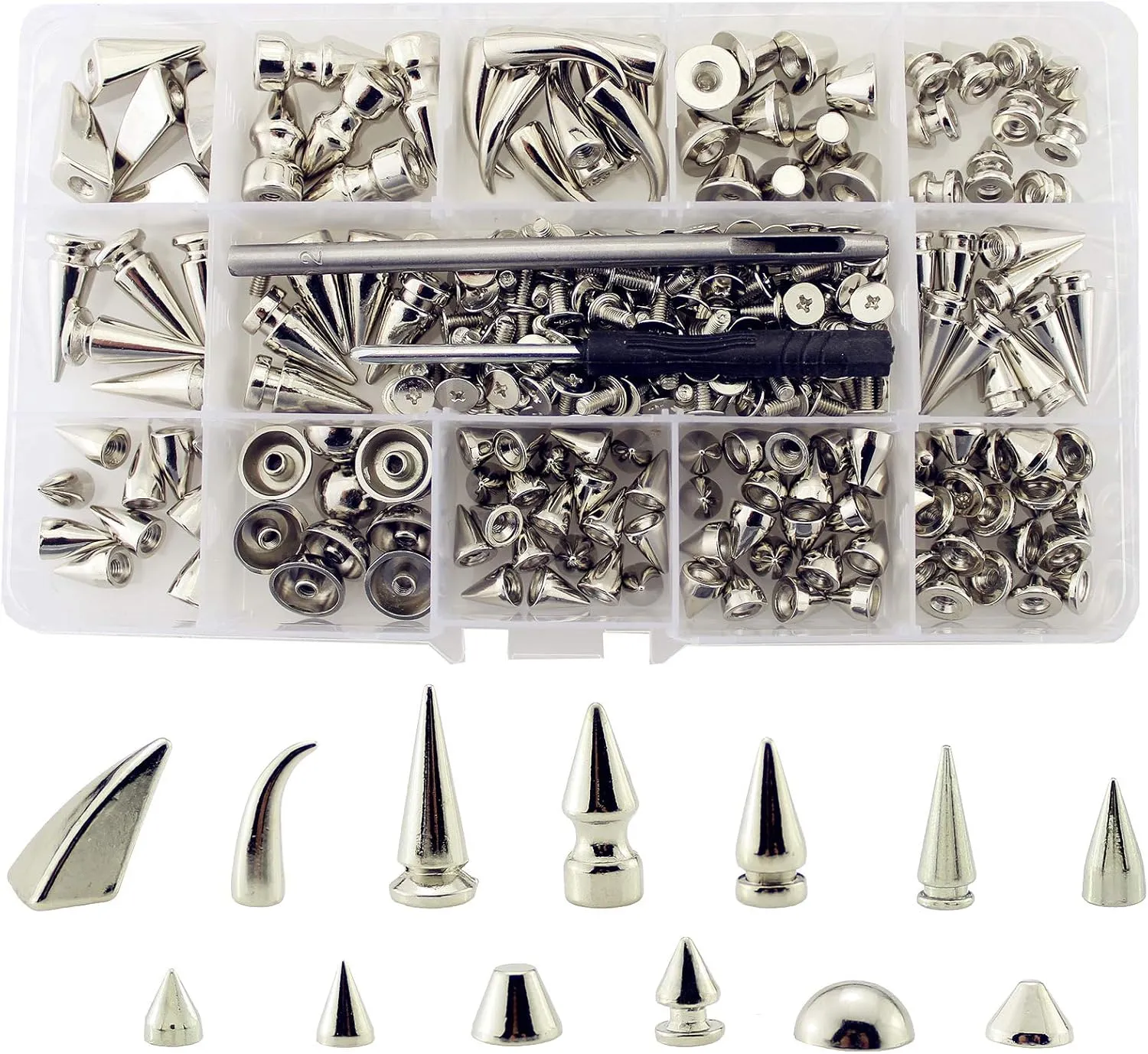 Assorted Styles 140 Sets Screw Back Studs and Spikes Kit with Tools Silver Leather Craft Rivets Bullet Cone DIY Accessories